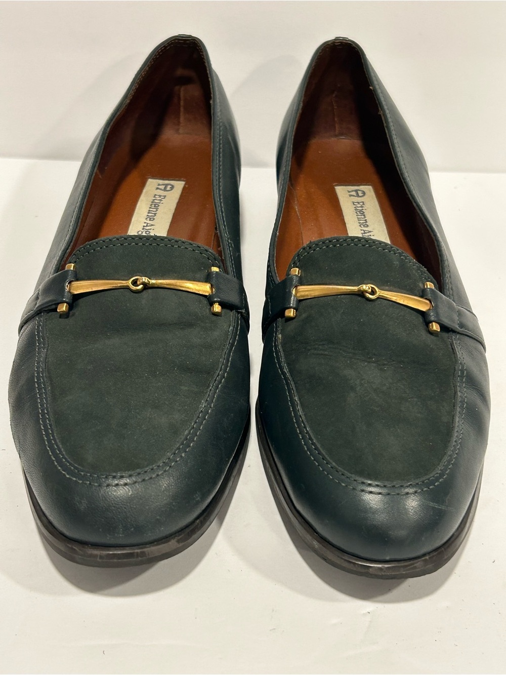 Etienne Aigner Enya Hunter Green Leather Suede Horsebit Loafers Size 9M Vintage